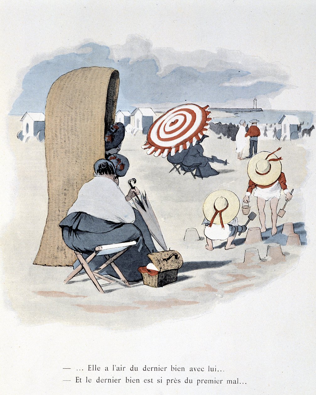 Rantakohtaus elokuvassa "Etoile de mer". A. Guillaume. Painokset Simonis Empis, Pariisi tekijältä Albert Guillaume