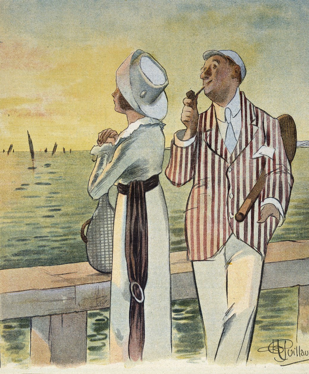 Flirttailu hämärässä - Albert Guillaumen (1873-1942) piirros elokuvassa "" Le Rire", elokuu 1912 tekijältä Albert Guillaume