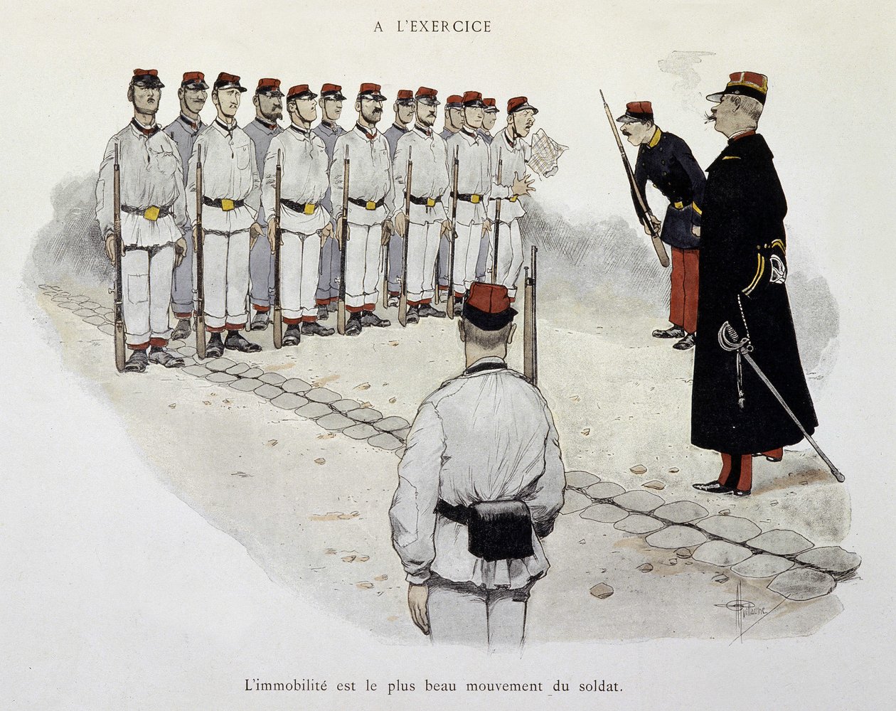 Harjoituksessa: immobilisointi on sotilaan kaunein liike - Albert Guillaumen (1873-1942) näkemä Armee, noin 1900 tekijältä Albert Guillaume