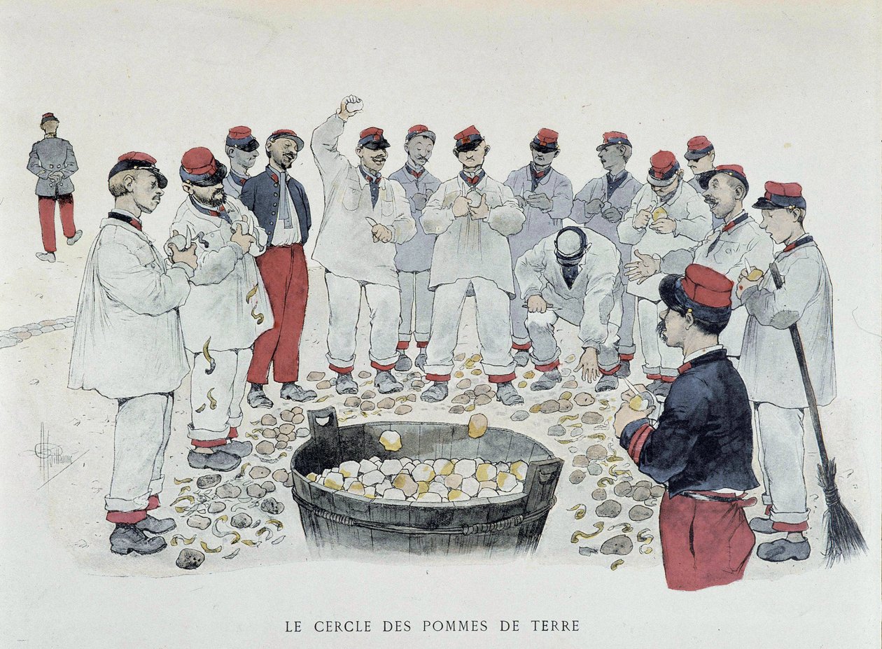 Perunaympyrä (chore de pluche) - ""Omissa kampanjoissani"", piirros Guillaume, Paris, toim. Simonis Empis tekijältä Albert Guillaume