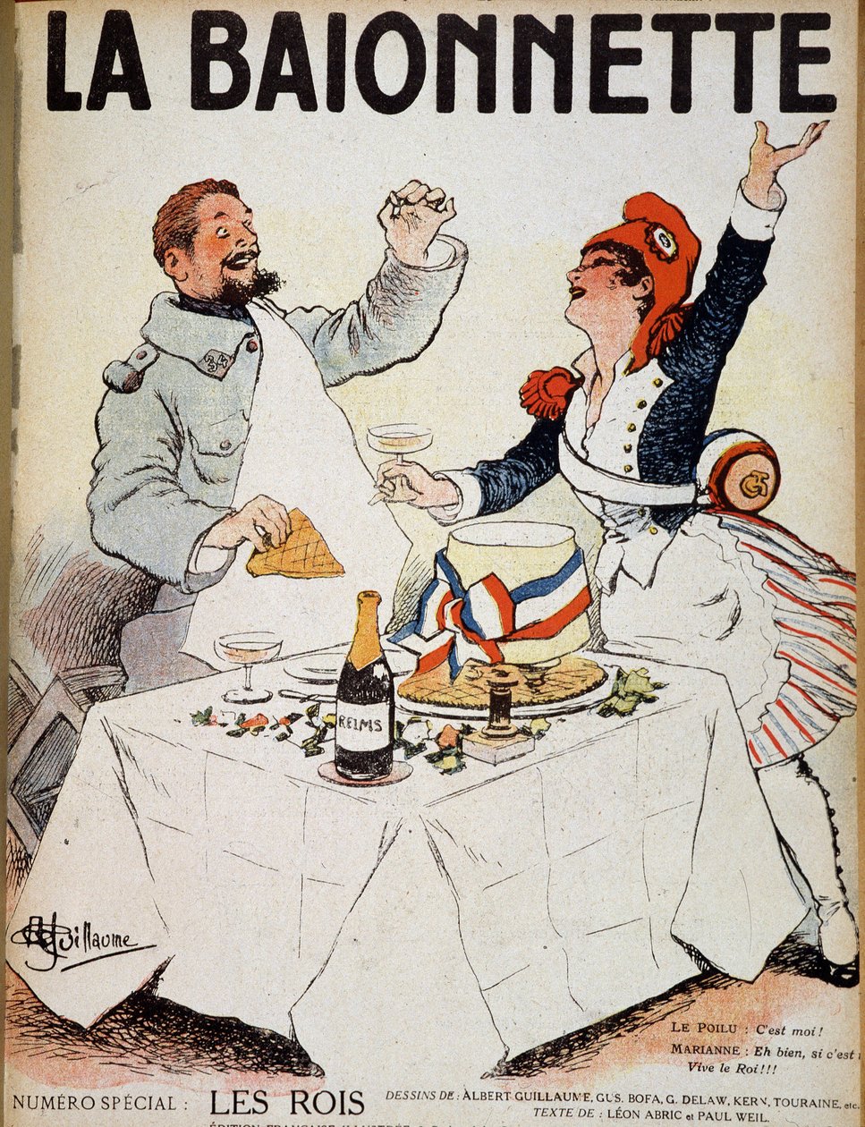 Kuninkaat (Marianne ja karvainen mies, joka räpäyttää laseja kakun ympärillä) - "" La Baionnette" -kuvassa, Albert Guillaumen (1873-1942) piirros (1900-luku) tekijältä Albert Guillaume