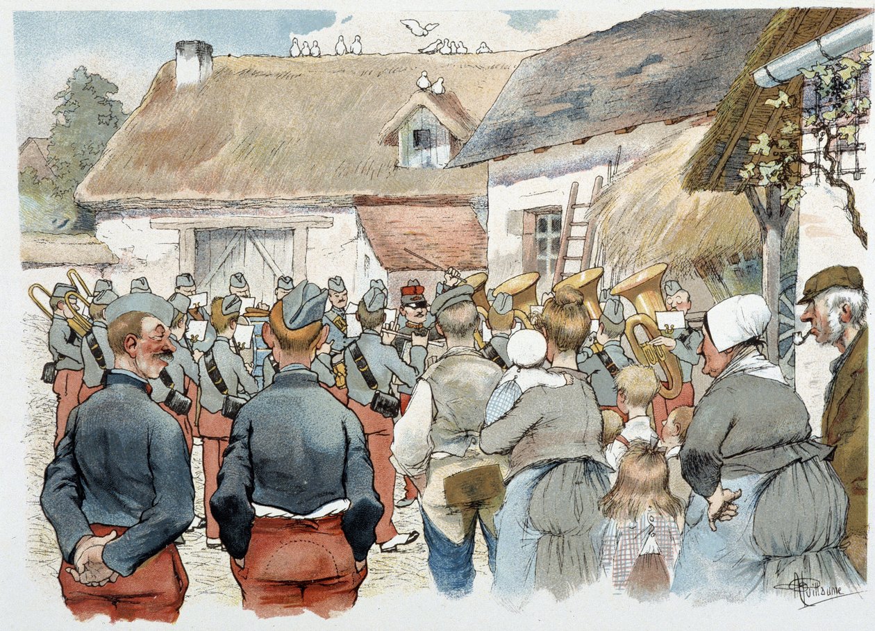 Sotilasbändi kylässä Albert Guillaumen (1873-1942) "" Military Album" -albumissa, noin 1900 tekijältä Albert Guillaume