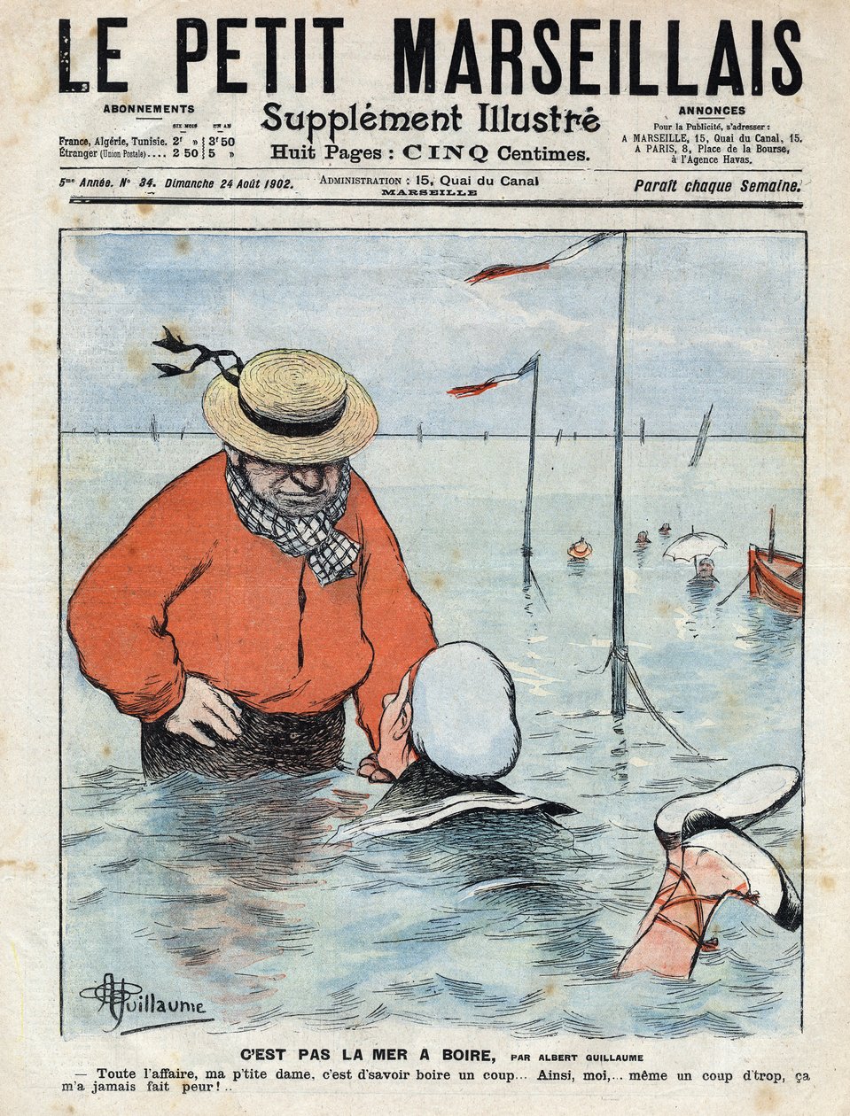 Pieni sarjakuvakohtaus, joka kuvaa naista, joka oppii uimaan toisen uimarin, juomien ystävän, silmän alla. Albert Guillaumen kuvitus elokuvasta "" Le petit Marseillais"" 24.08.1902 tekijältä Albert Guillaume