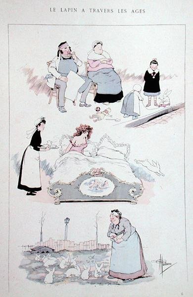"The Rabbit over the Ages", sarjakuva "Faut Voir", taiteilijan töitä sisältävä albumi, n. 1900 (värilitho) tekijältä Albert Guillaume