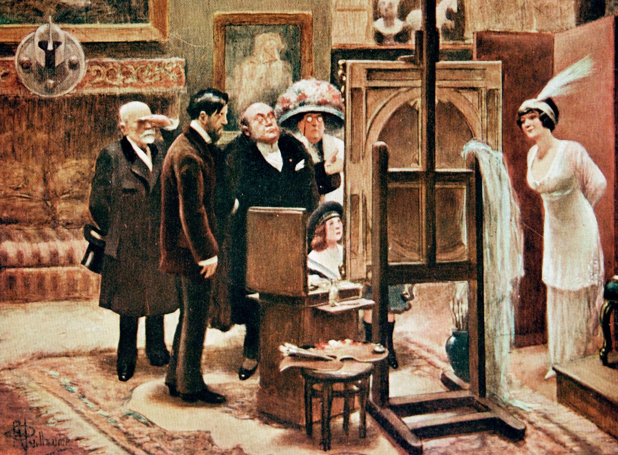 maalari, joka esittelee maalaustaan, n. 1920 (painettu) tekijältä Albert Guillaume