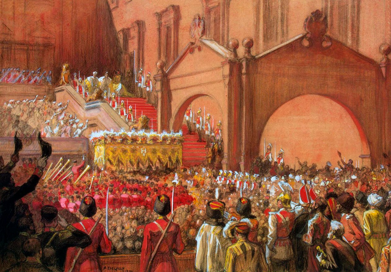 Keisari Nikolai II punaisella kuistilla kruunauksensa jälkeen, 1896. tekijältä Albert Gustaf Aristides Edelfelt