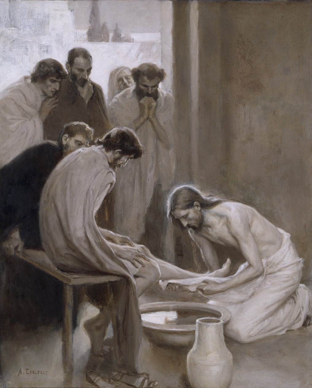 Jeesus pesee opetuslastensa jalkoja, 1898 (öljy ja grisaille paperilla) tekijältä Albert Gustaf Aristides Edelfelt