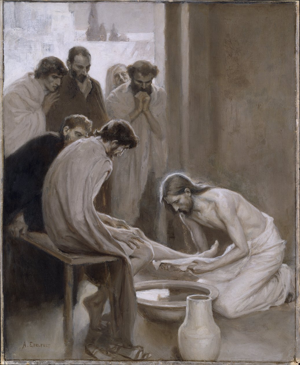 Kristus pesi opetuslastensa jalkoja - Kristus pesee opetuslasten jalkoja, kirjoittanut Edelfelt, Albert Gustaf Aristides (1854-1905). Grisaille tekijältä Albert Gustaf Aristides Edelfelt