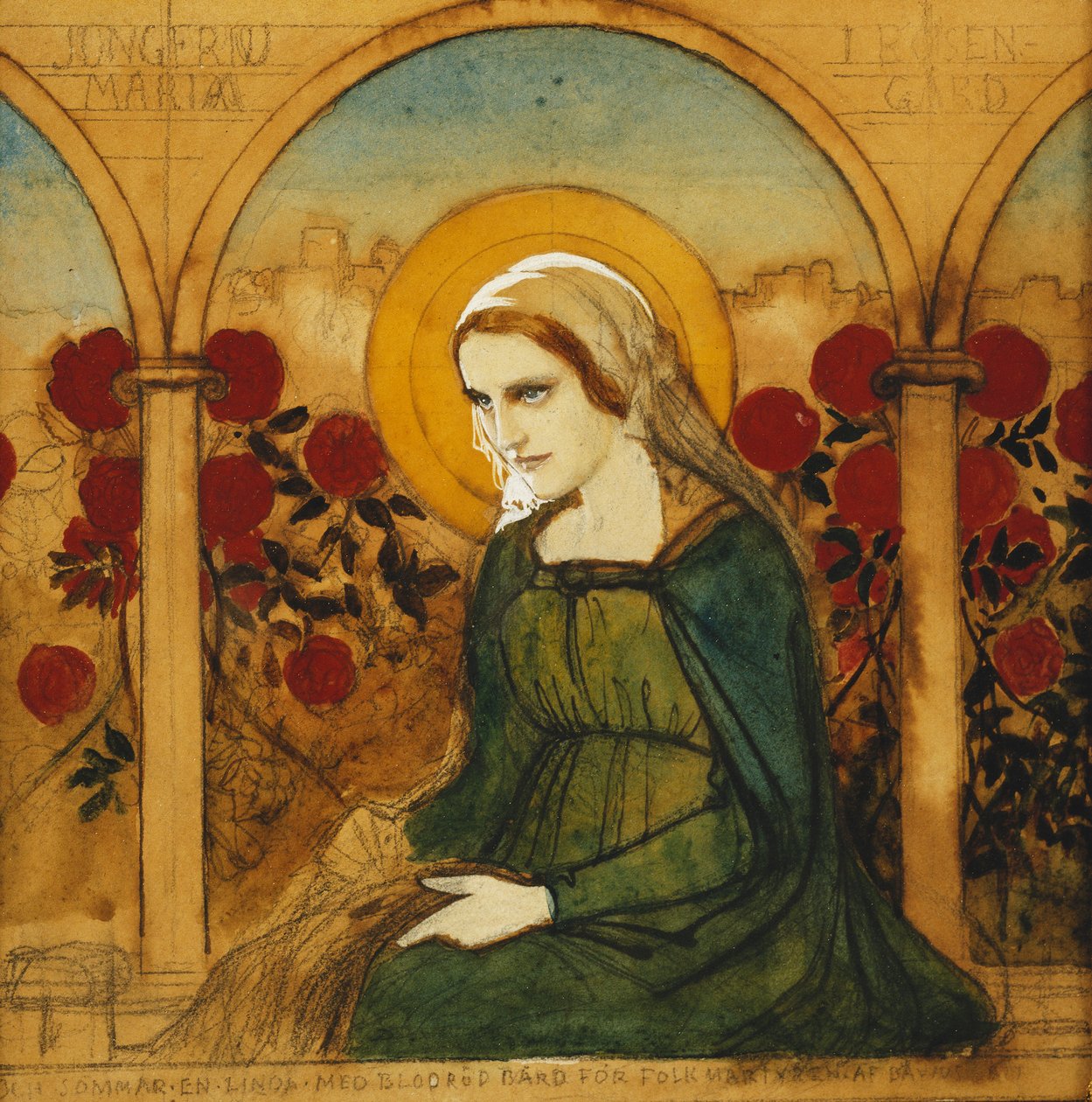 Neitsyt Maria ruusutarhassa; Jungfru Maria ja Rosengard, tekijältä Albert Gustaf Aristides Edelfelt