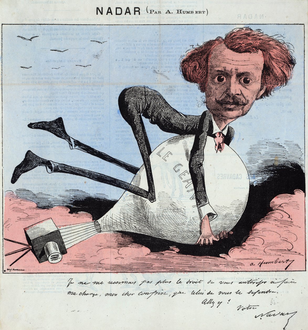 sarjakuva, joka kuvaa Nadaria ja hänen kuumailmapalloaan, n. 1863 (litografia) tekijältä Albert Humbert