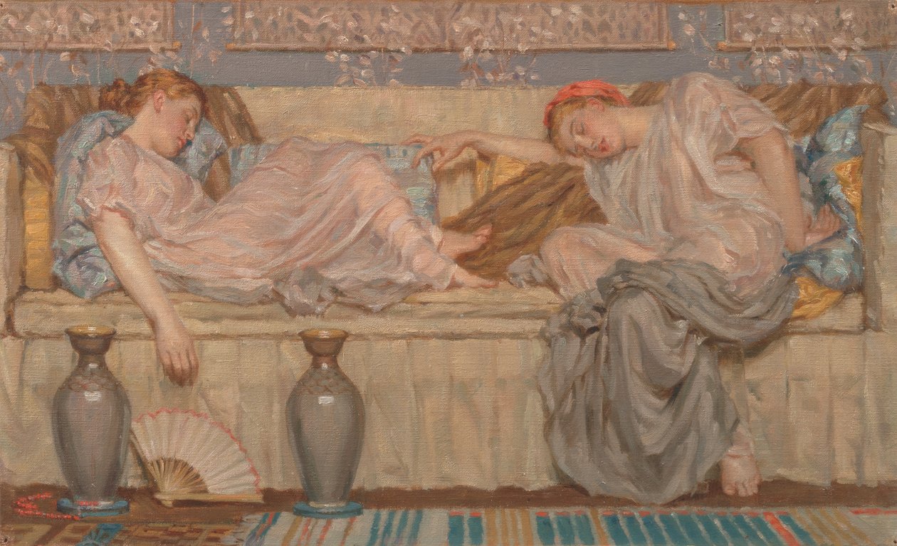 Helmitutkimus, Kaksi naista sohvalla, 1875, n. 1875. tekijältä Albert Joseph Moore