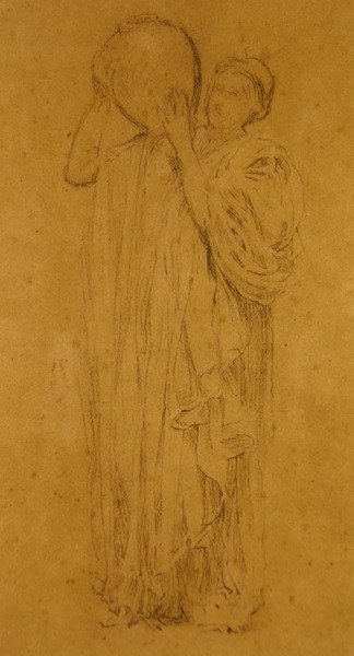 Tyttö kannun kanssa, n. 1867 (mustavalkoisia liituja ruskealla paperilla) tekijältä Albert Joseph Moore