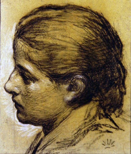 Tutkimus tytön päästä, n. 1870 (hiili siniselle vahattuun paperille) tekijältä Albert Joseph Moore