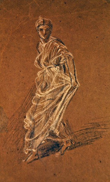 Tutkimus tytöstä astumassa eteenpäin ja yllään pitkä mekko, n. 1870 (mustavalkoinen liitu ruskealla paperilla) tekijältä Albert Joseph Moore