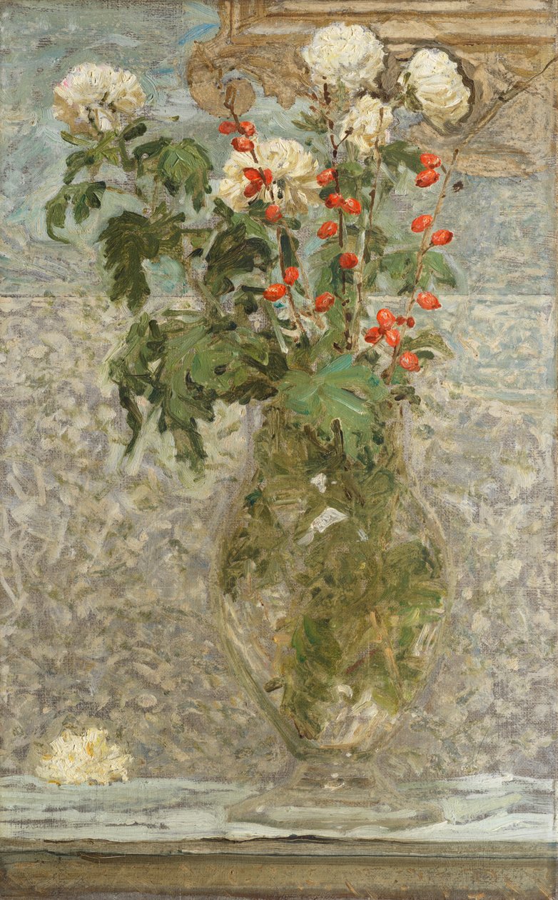 Valkoiset krysanteemit ja punaiset marjat (öljy kankaalle) tekijältä Albert Joseph Moore