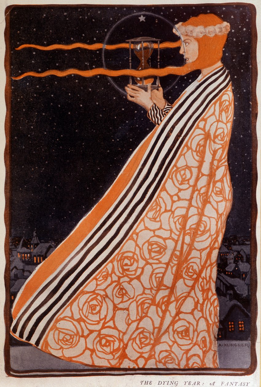 Nainen pitelee tiimalasia, sd. 1900-luvun alku. Kuvitus: Klingner Albert (1869-1912) tekijältä Albert Klingner