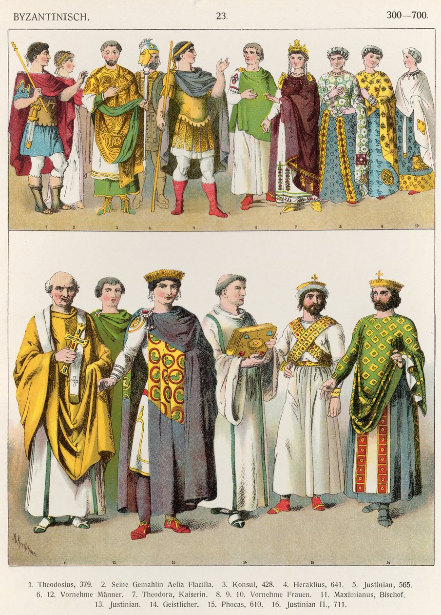 Bysantin hovin mekko, 300-700, "Trachten der Voelker", 1864 (väri litho) tekijältä Albert Kretschmer