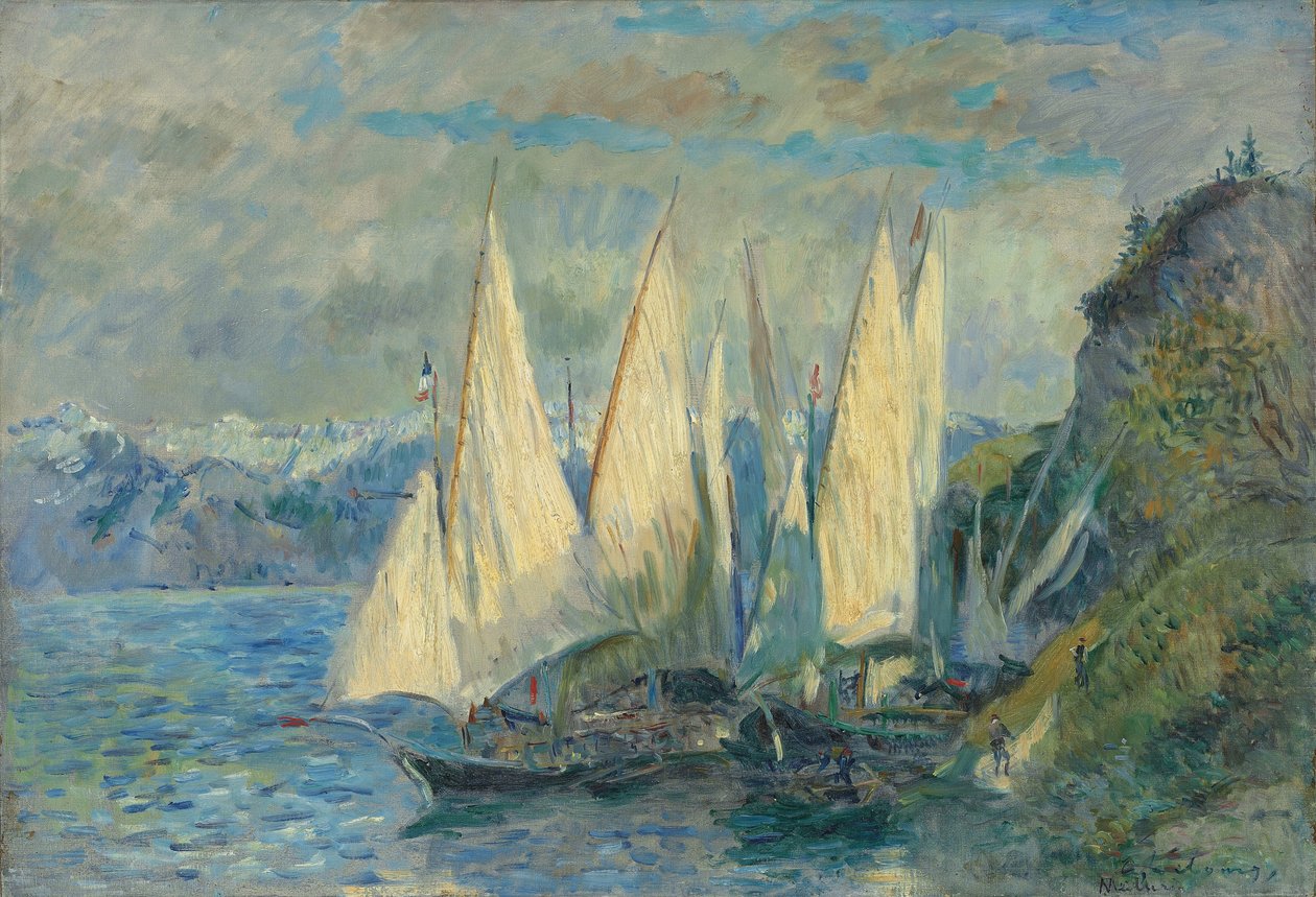 Veneitä suurilla purjeilla Genevejärvellä Meilleriessä Haute-Savoiessa tekijältä Albert Lebourg