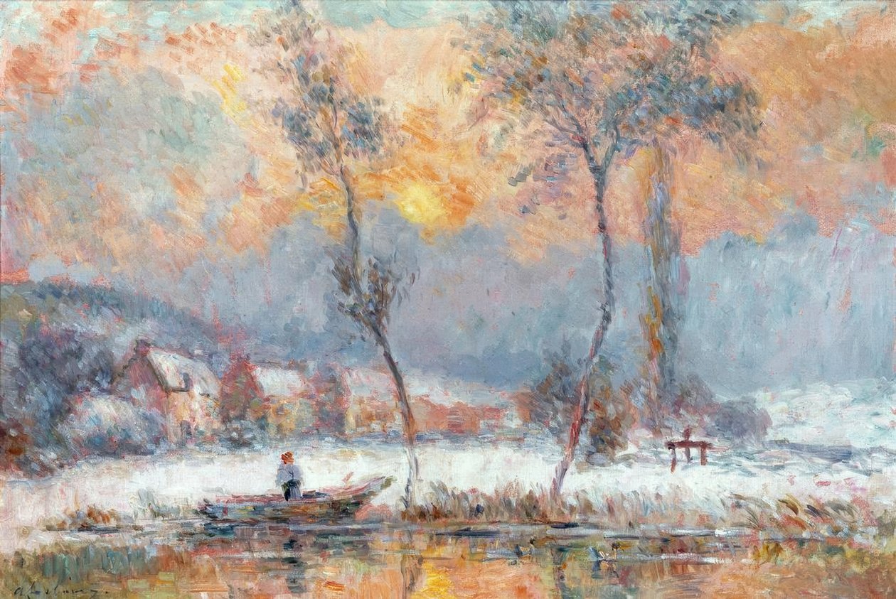 Lever du soleil, par la neige, sur l’etang de Chalou-Moulin tekijältä Albert Lebourg