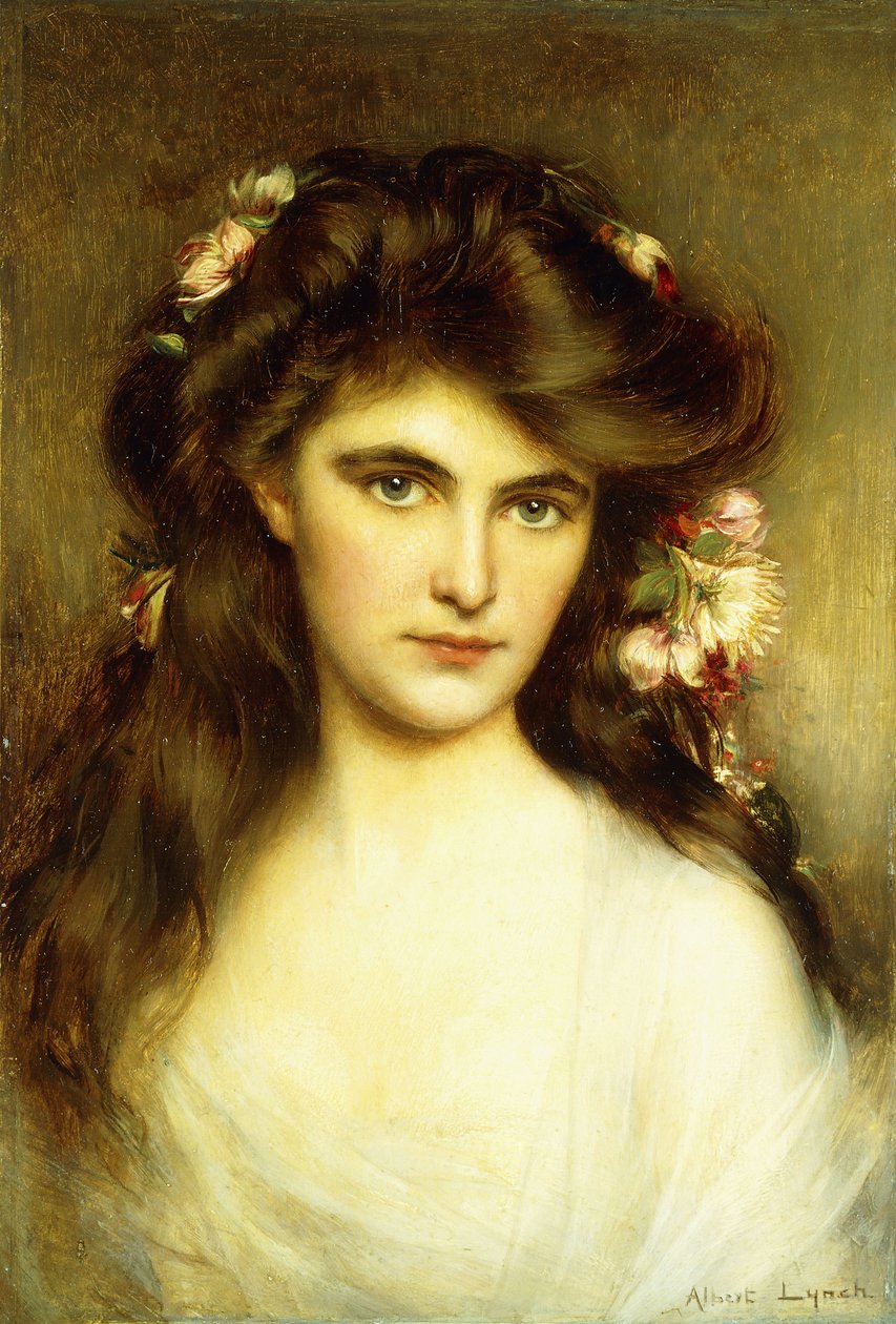 Nuori kaunokainen kukkia hiuksissaan, tekijältä Albert Lynch
