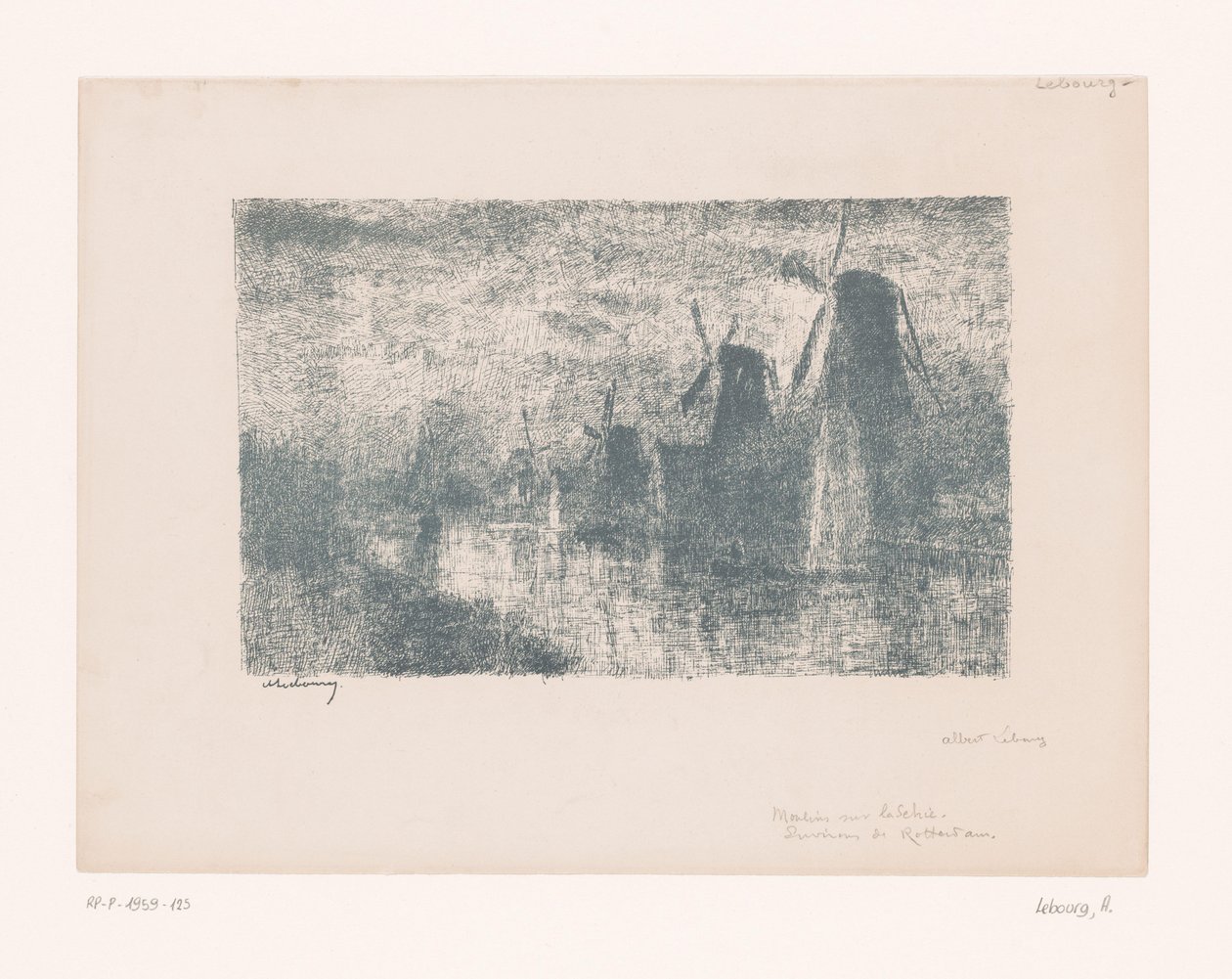 Tuulimyllyt Schien varrella lähellä Rotterdamia Moulins sur la Schie (otsikko esineessä) tekijältä Albert Marie Lebourg