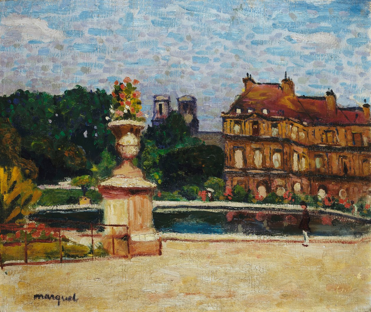Lampi Luxemburgissa; Le Bassin du Luxembourg, n. 1904 (öljy kankaalle asetettuna alukselle) tekijältä Albert Marquet