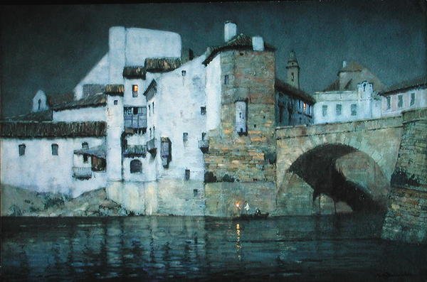 Moonlight, Puente Genil, Espanja (kynä & akvarelli paperille) tekijältä Albert Moulton Foweraker