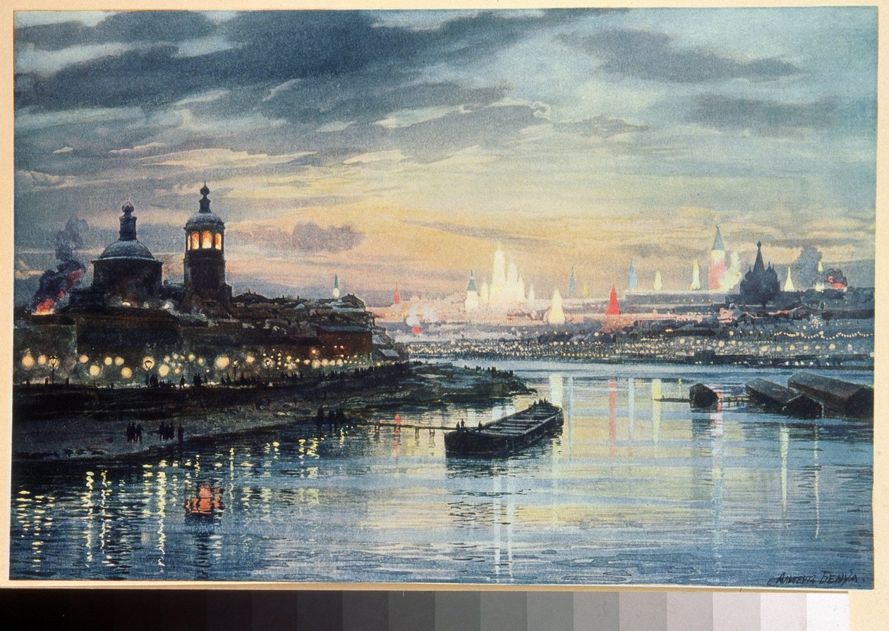 Illuminations a Moscow (Illuminaatio Moskovassa). Piirustus Albert Nikolajevitš Benois (1852-1936). Värilitografia, 1800-luvun venäläistä taidetta. Venäjän valtionkirjasto, Moskova. tekijältä Albert Nikolayevich Benois