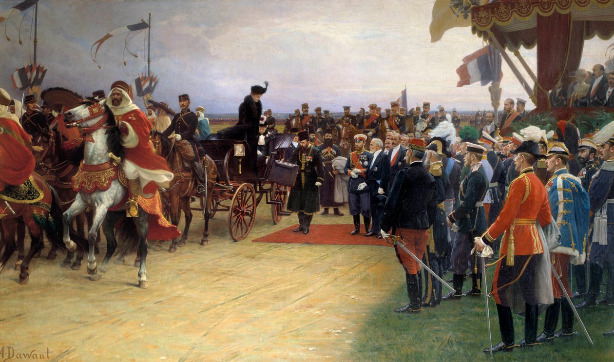 Presidentti Emile Loubet (1836-1929) toivottaa tsaari Nikolai II:n (1868-1918) ja Impress Alexandran tervetulleeksi 21.9.1901 Albert Dawantin (1852-1923) Betheny Camp Paintingissa 1905 su., 09x3,56 m tekijältä Albert Pierre Dawant