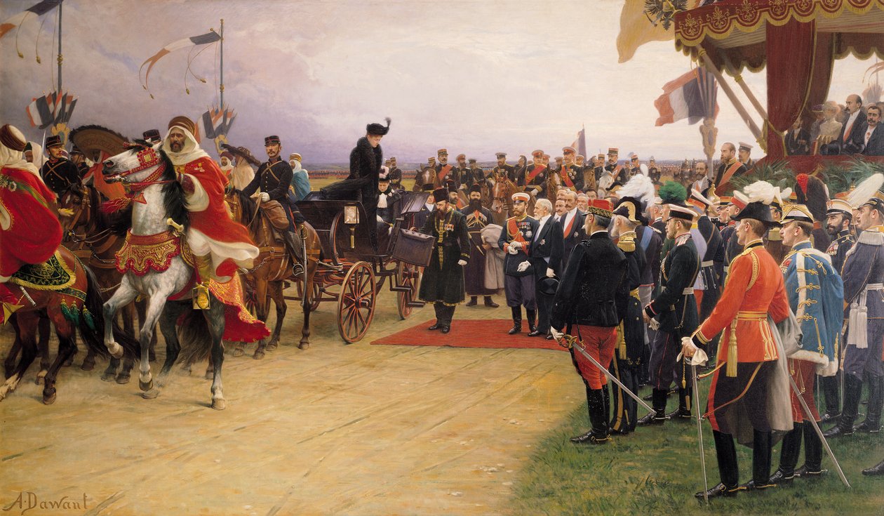 Presidentti Emile Loubet (1838-1929) toivottaa tsaari Nikolai II:n (1868-1917) ja tsaariina Alexandran (1872-1918) tervetulleeksi Bethenyn leirille, 21. syyskuuta 1901, r.1905 tekijältä Albert Pierre Dawant