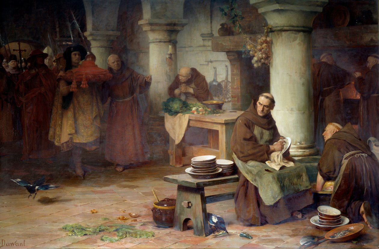 Saint Bonaventure (San Bonaventura) (1217-1274) saa violetin kardinaalin Vatikaanin korkea virkamies tuo kardinaalin baarin munkkiin, joka toimii luostarissa. Albert Pierre Dawantin (1852-1923) maalaus 1897 su. 1,4x tekijältä Albert Pierre Dawant
