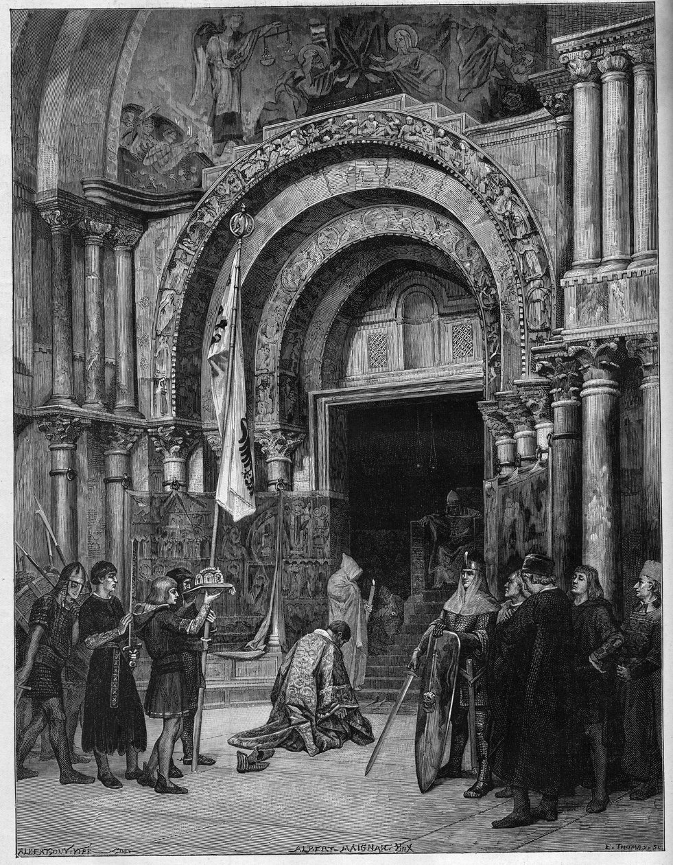 Frederic Barberose paavin jaloissa. Hohenstaufenin keisari Frederic I (1122-1190) kumartuu paavi Aleksanteri III:lle (1105-1181), joka odottaa häntä Pyhän Markuksen (San Marco) portin alla Venetsiassa vuonna 1177. Kaiverrus Albert Maignanin maalauksen jälk tekijältä Albert Pierre René (after) Maignan