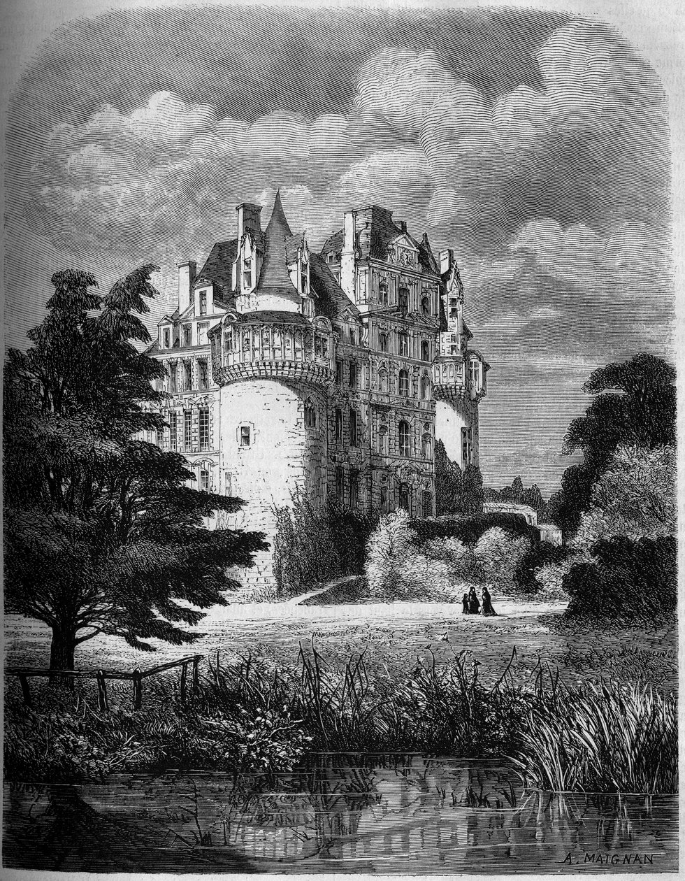 Chateau de la Loire: Chateau de Brissacin ulkonäkymä (renessanssiarkkitehtuuri tekijältä Albert Pierre Rene Maignan