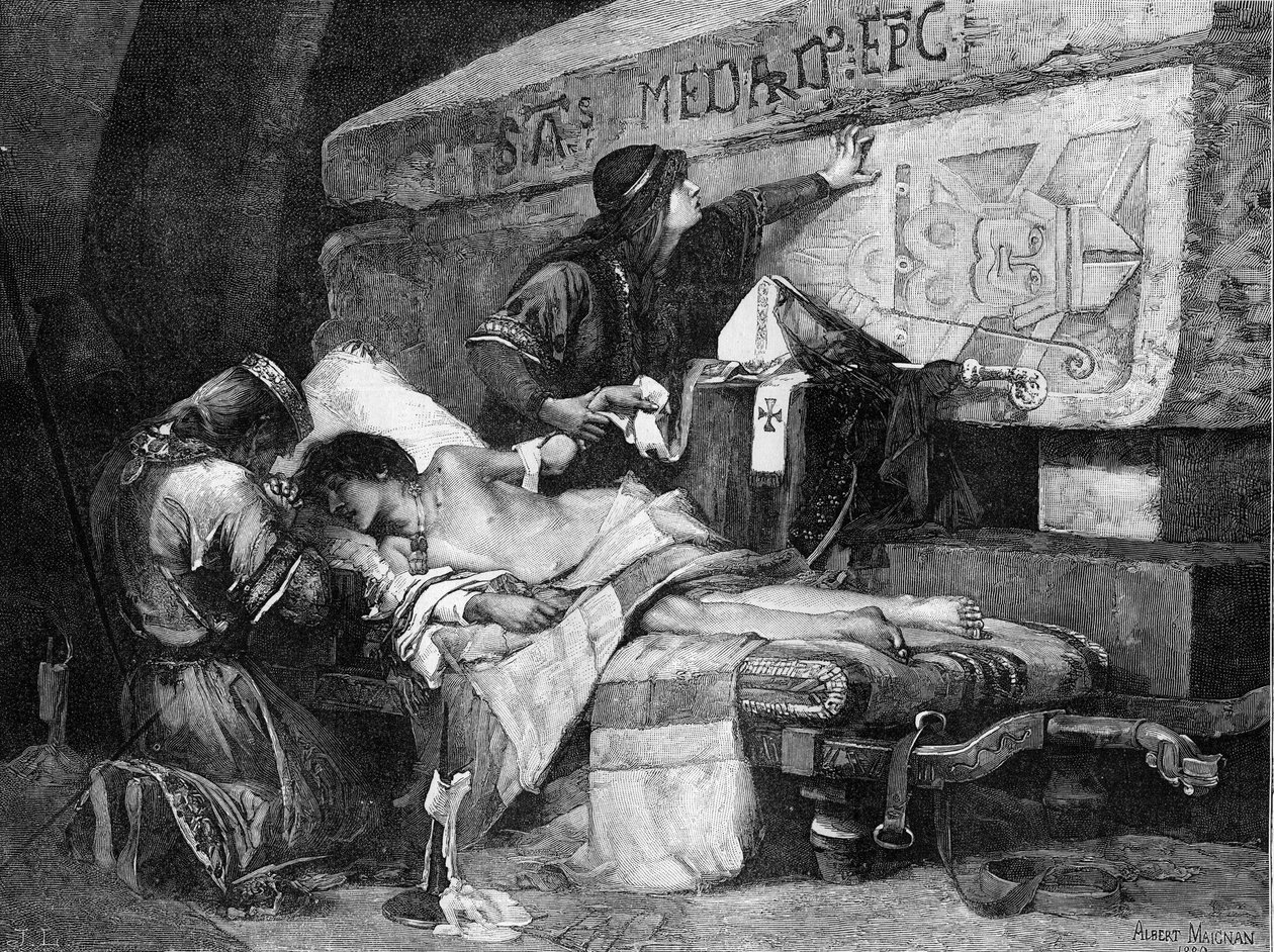 Chlodobertin viimeinen hetki (tai Clodebert kuoli vuonna 580). "" Fredegonde ja Chilperic 1st asettivat poikansa paarille, joka makasi lähellä Saint Medardin hautaa, mutta sairas mies joutui tuskiin..." Kaiverrus Albert Maignanin (1845-1908) maalauksen jäl tekijältä Albert Pierre Rene Maignan