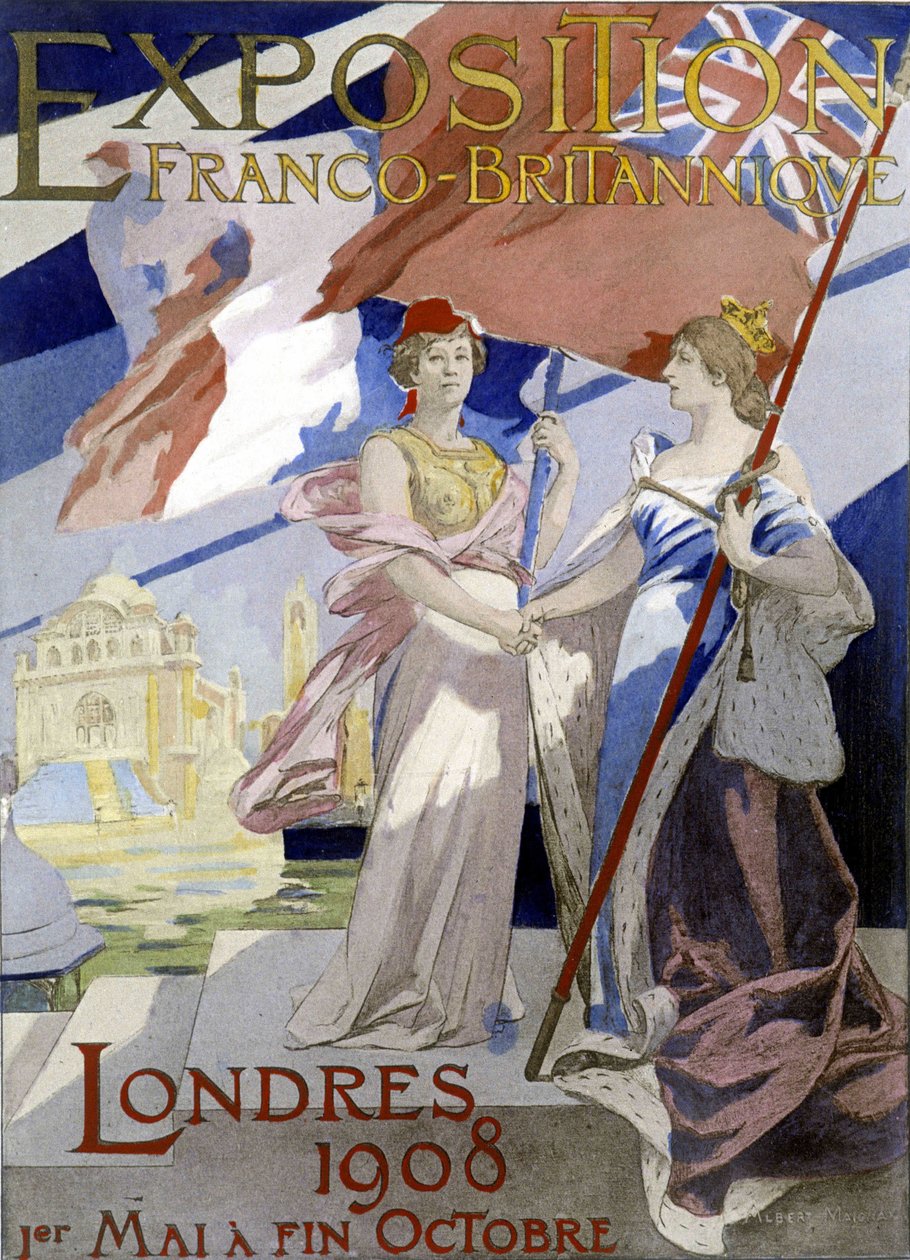Kaksi naista, Ranskan ja Englannin symboli, kättelee. Albert Maignanin juliste (1908) vuoden 1908 ranskalais-brittiläiseen näyttelyyn Lontoossa. tekijältä Albert Pierre Rene Maignan