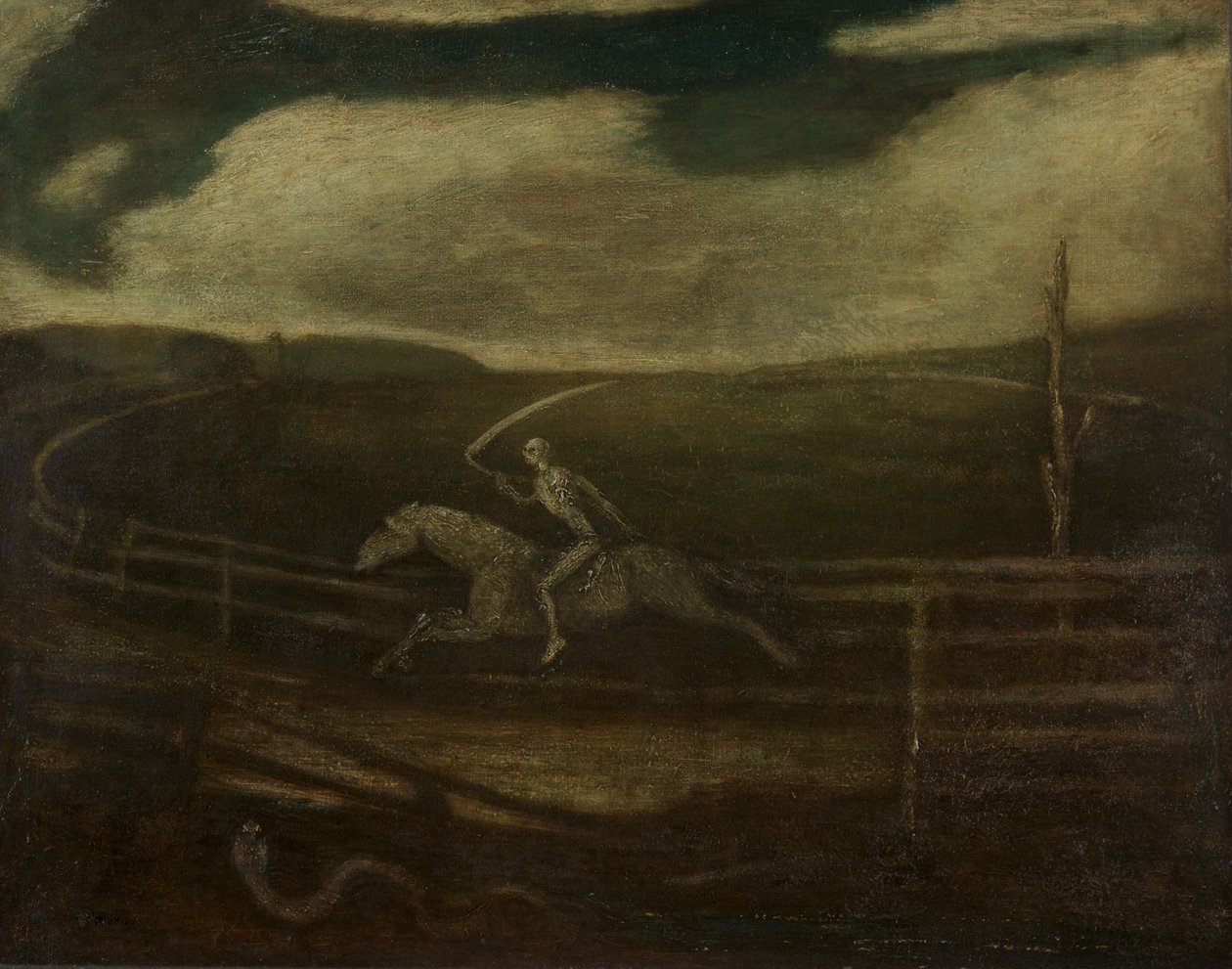 Kilparata eli Kuolema kalpealla hevosella, n. 1896-1908 (öljy kankaalle) tekijältä Albert Pinkham Ryder