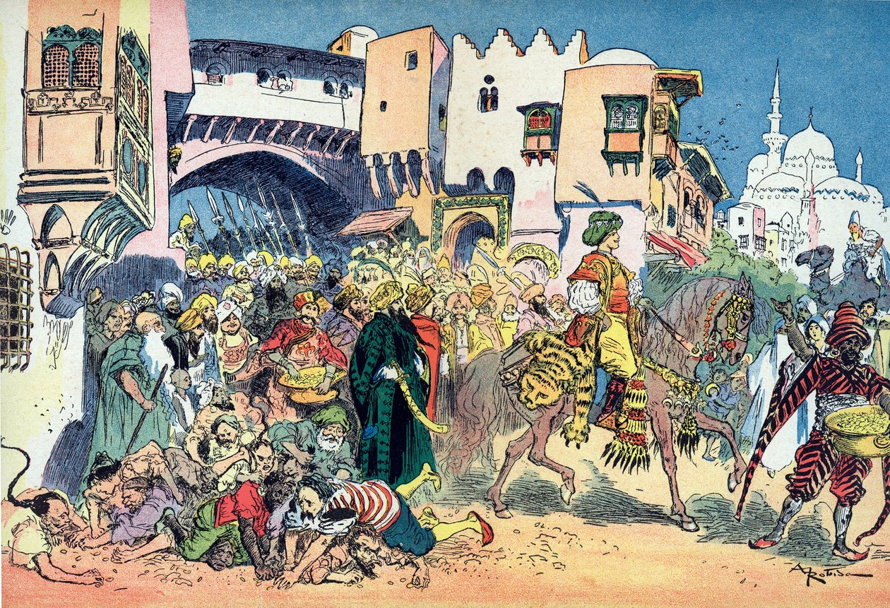 Aladdin ratsastaa kaupungin kaduilla ja heittelee rahaa ympärilleen. Albert Robidan (1848-1926) kuvitus tarinaan "Aladin ja ihana lamppu" teoksessa "" les mille et une nuits" (Kuvitus tarinalle "" Aladdin" ” julkaisussa ”The Book of One Tho tekijältä Albert Robida