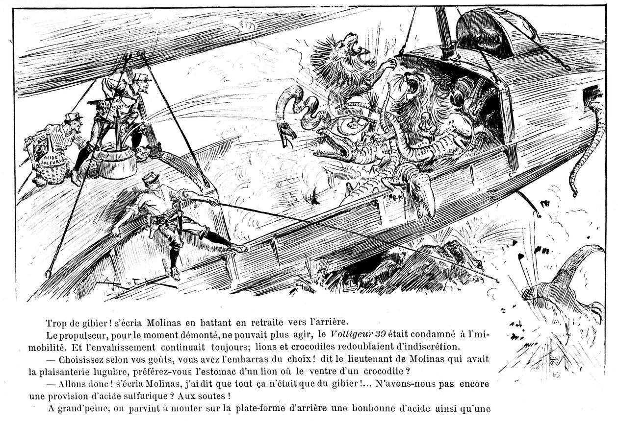 Ennakointi: Voltigeur 39:n hyökkäys - teoksessa "" The War in the 20th Century"", kirjoittanut A. Robida, toim. Georges Decaux tekijältä Albert Robida