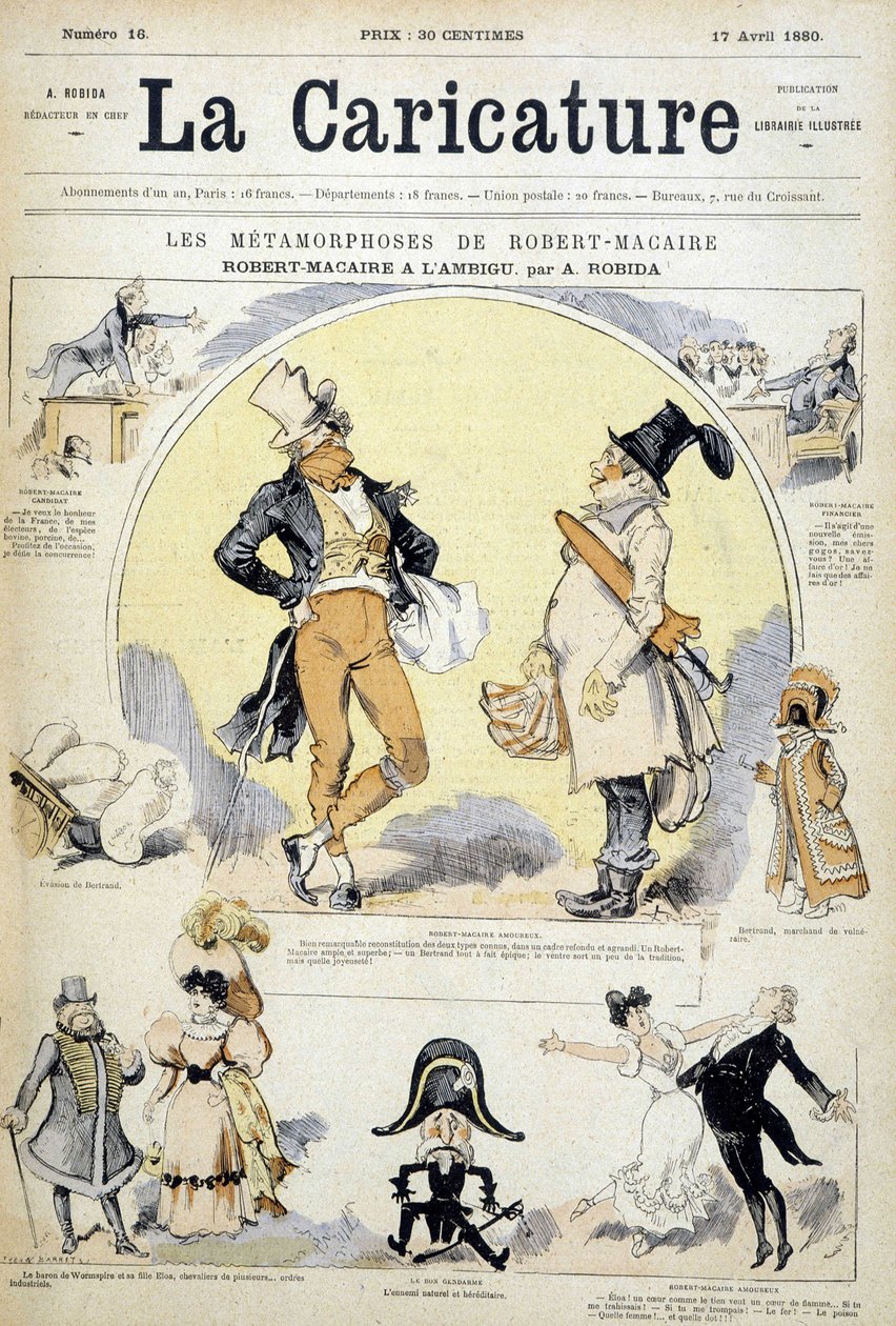Sarjakuvia näyttelijä Robert Macairesta kirjoittanut Robida, cov. "" Karikatyyri"" 17.7.1880. tekijältä Albert Robida