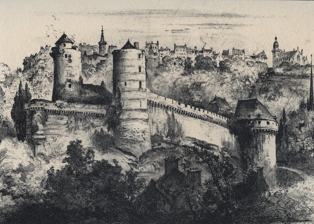 Chateau de Fougeres - linnan linnake Ille-et-Vilainen departementissa. Vanha Ranska - Bretagne - tekstiä, piirustuksia ja litografioita, Albert Robida (1848-1926) päivätty 1800-luvun loppu tekijältä Albert Robida