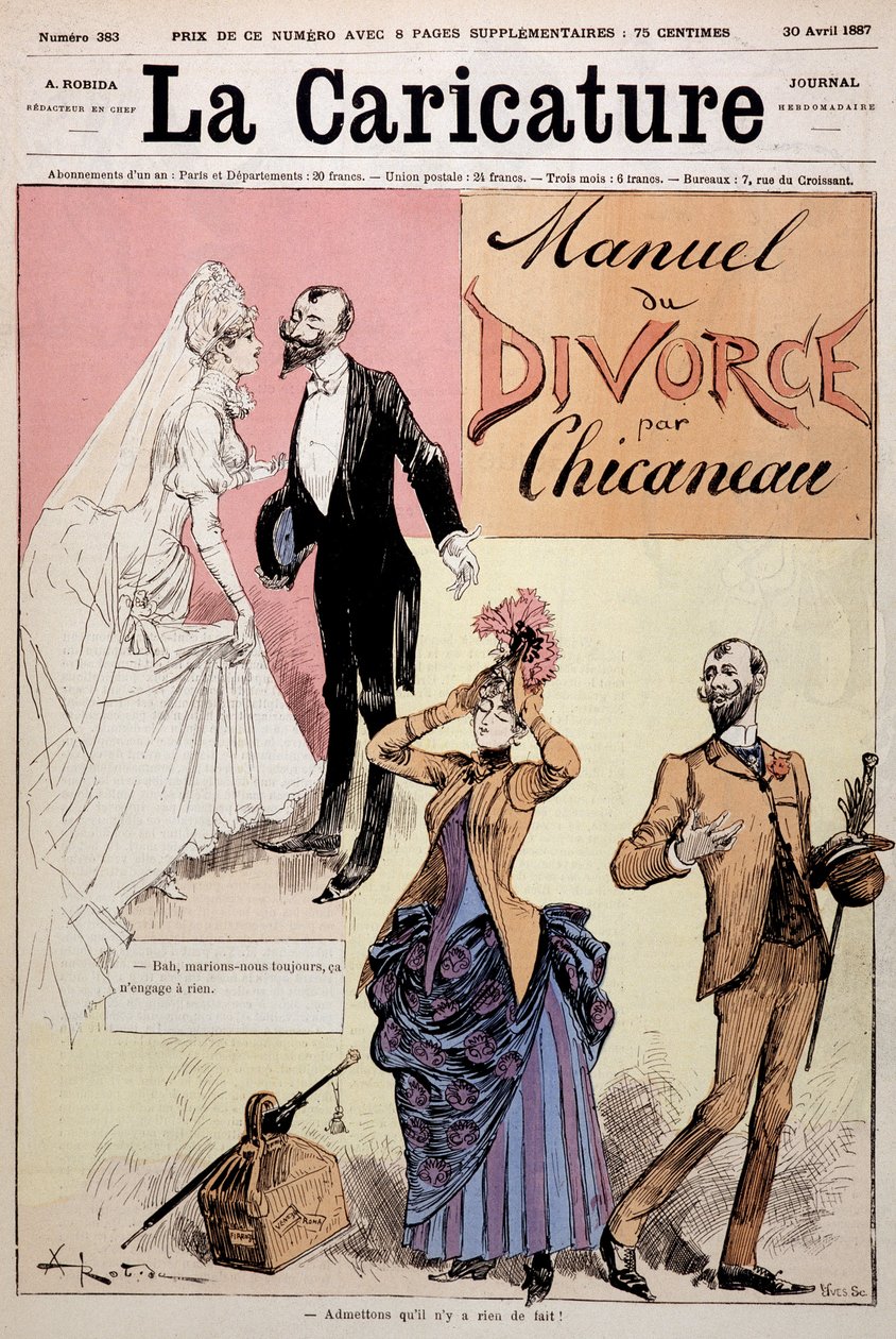 Pariskunta meni naimisiin ja erosi, Chicaneaun "" Le Manuel du divorce"", kuvitus Albert Robida (1848-1926), kansi. ""Karikatyyri", 30.4.1887. tekijältä Albert Robida