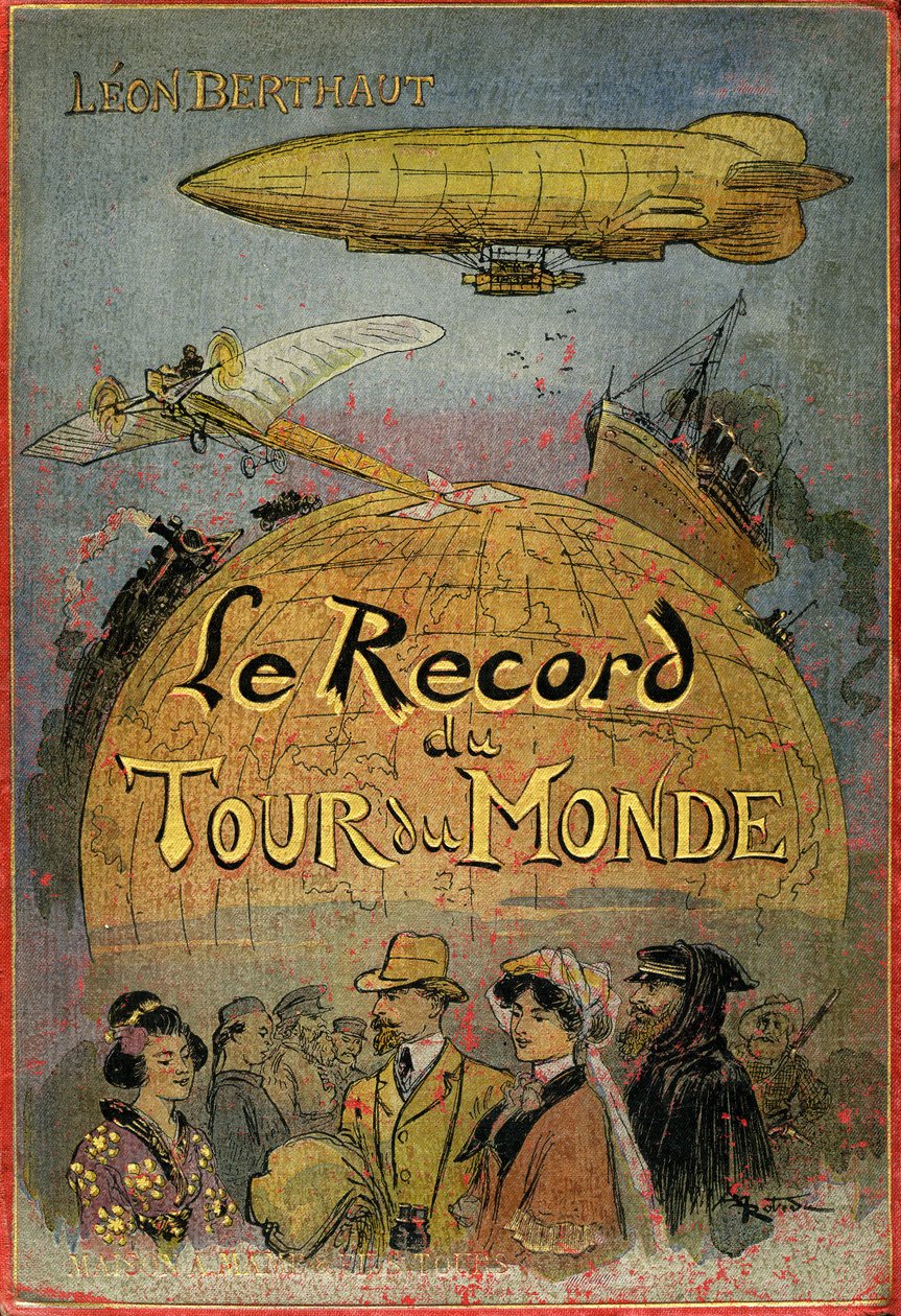 Albert Robidan (1848-1926) kuvittama kansi Leon Berthaultin kirjasta "Le record du tour du monde", painos Mame debyytti 20eme century (1911) - Tämä on "julesvernerie" -seikkailuromaani, joka on saanut inspiraationsa Jules Vernen ja hänen teoksistaan. "" Ep tekijältä Albert Robida