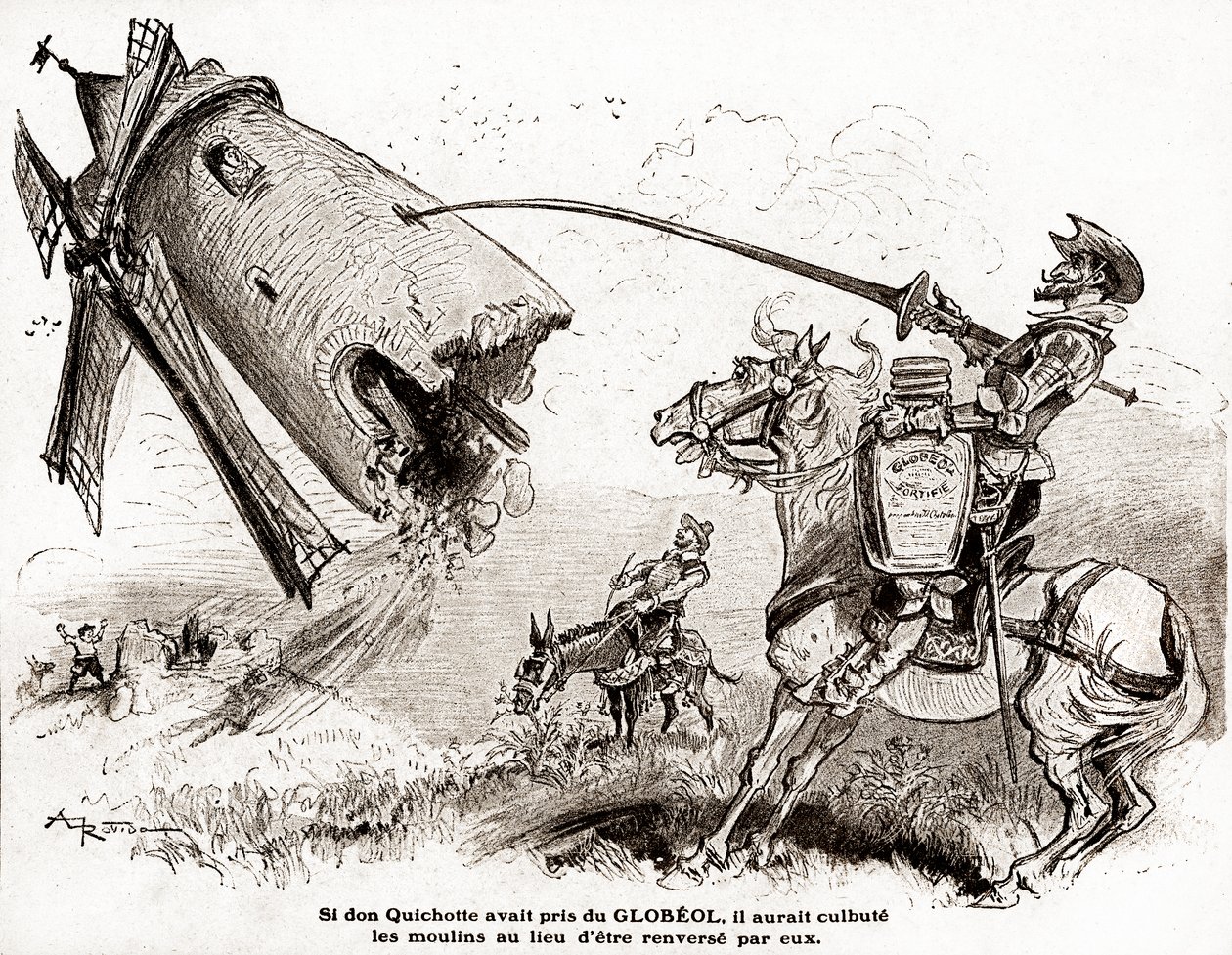 Don Quijote linnoittavan Globeolin mainoksesta, noin 1916 (kuva) tekijältä Albert Robida