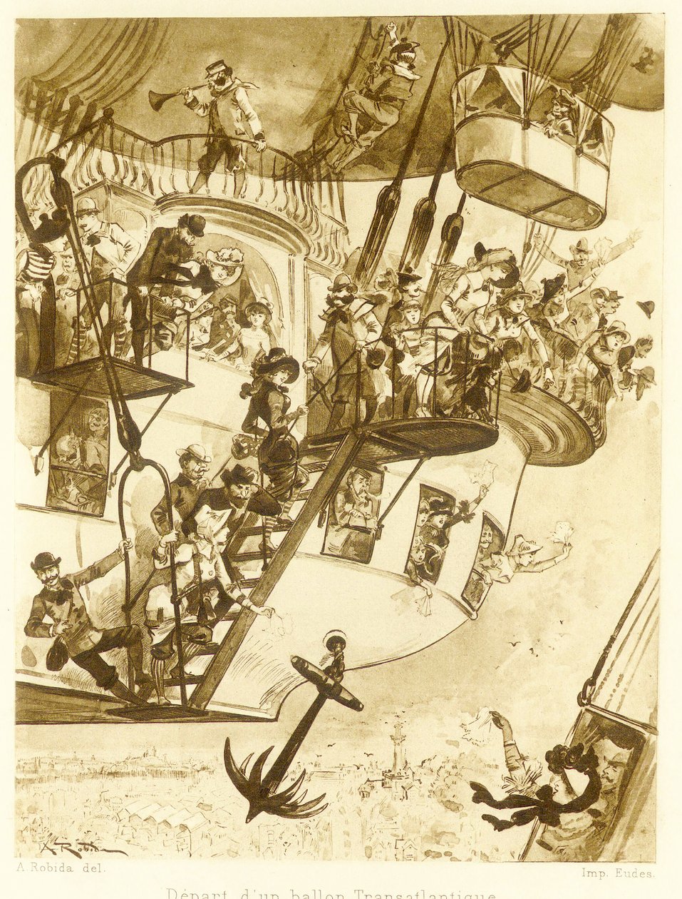 Transatlanttisen ilmapallon lähtö Le Vingtieme Sieclen pubista. 1883 tekijältä Albert Robida