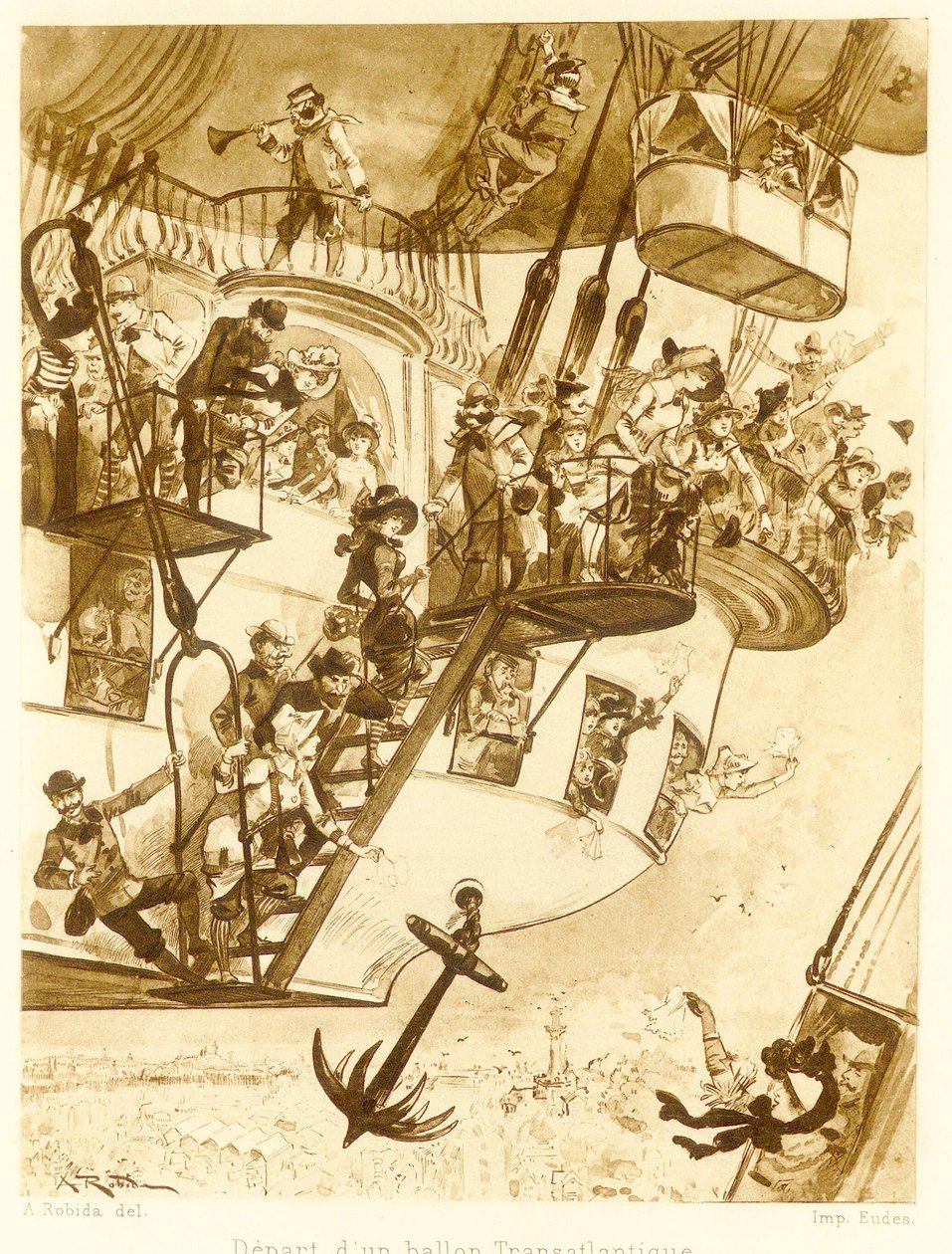 Transatlanttisen ilmapallon lähtö Le Vingtieme Sieclen pubista. 1883 litografia, 1883. tekijältä Albert Robida