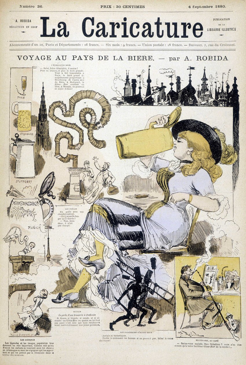 Editointi naisen kanssa juomassa olutmukia Robida - couv. "" La karikatyyri""" 9.4.1880. tekijältä Albert Robida