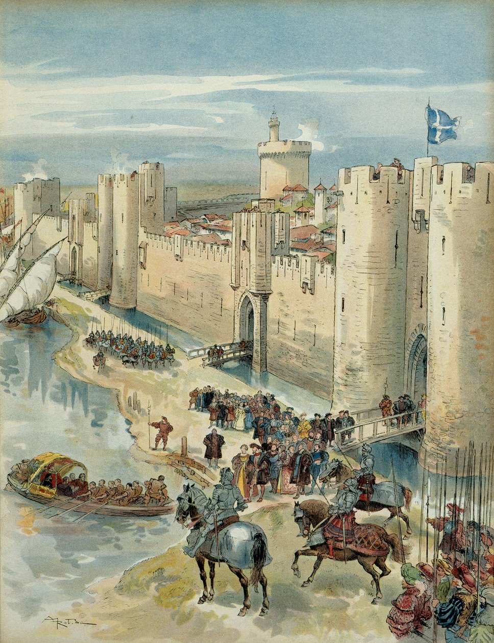 Kahdeksas Italian sota (1536-1538): Aigues Mortesin (tai Aigues Mortesin treven) haastattelu 14. heinäkuuta 1538, Ranskan kuninkaan Francois I:n (1494-1547) ja Espanjan kuninkaan Kaarle V:n (1500-1558) tapaaminen ja Pyhän Rooman valtakunnan keisari germaan tekijältä Albert Robida