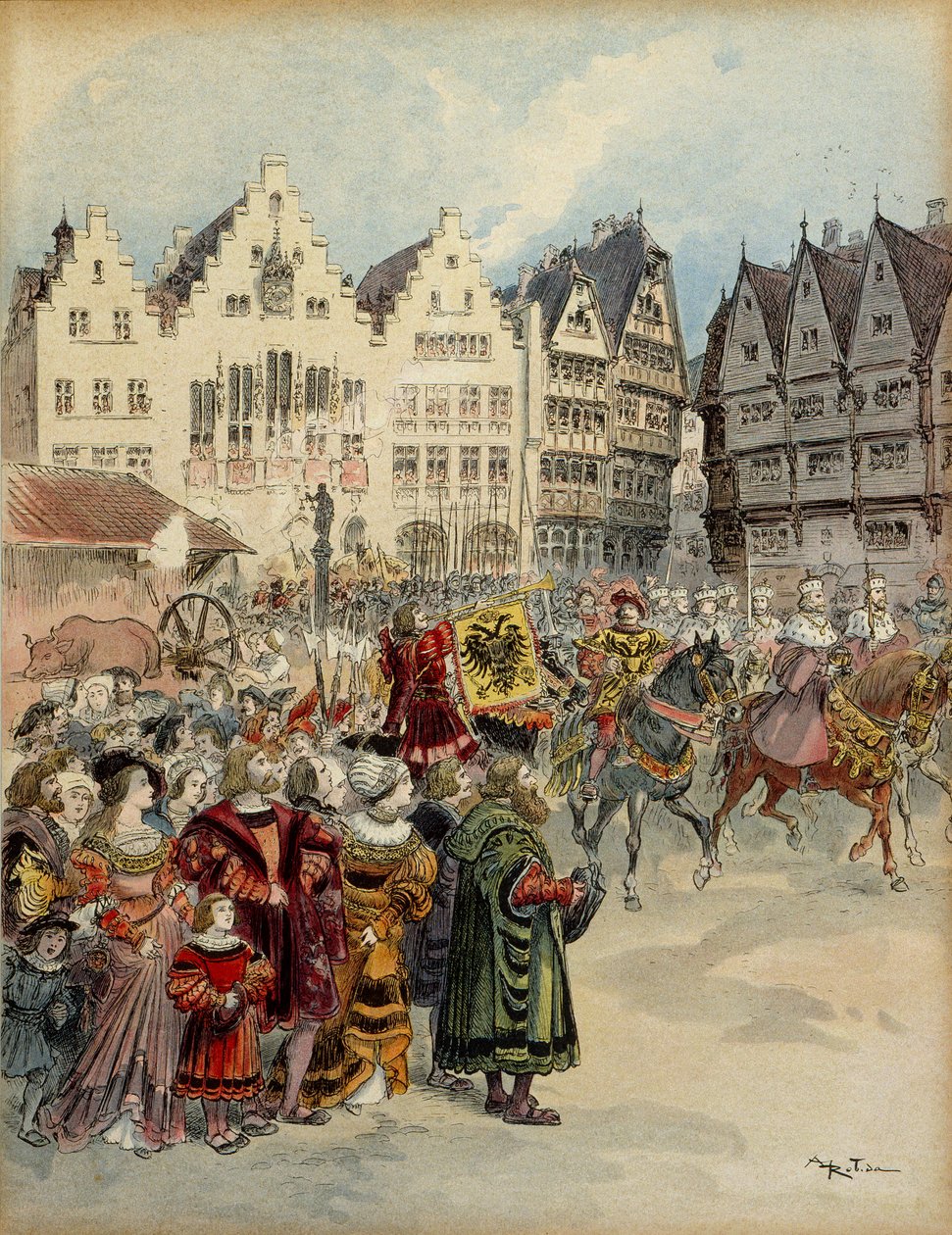 Kaarle V (1500-1558) valittiin Saksan keisariksi 28. kesäkuuta 1519. Seitsemän valitsijakorteesia kulkee Frankfurtin (Saksa) katuja pitkin. Kuva tekijältä Albert Robida