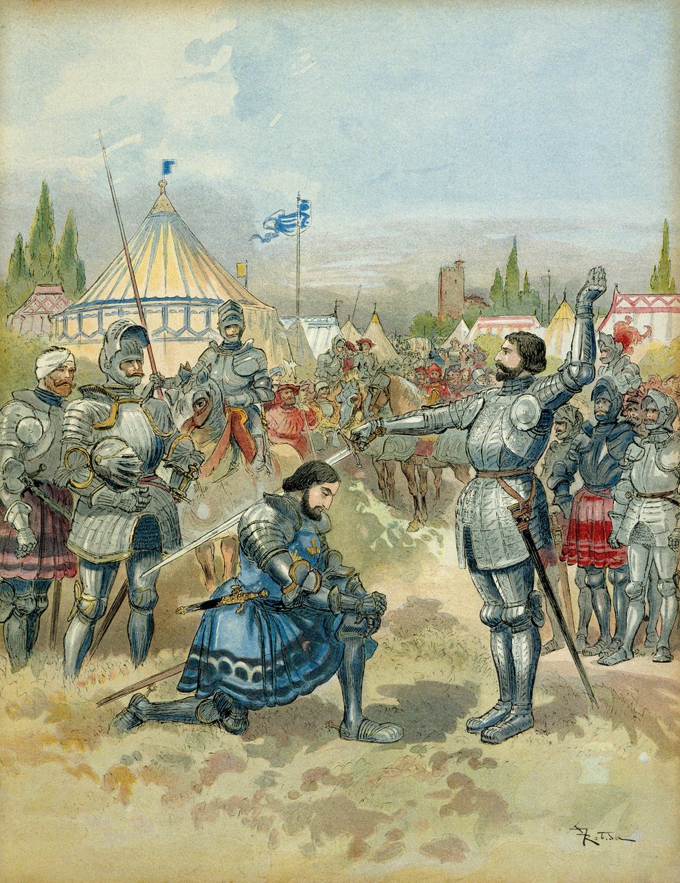 Viides Italian sota (1515-1516): Pierre Terrail de Bayard (1476-1524) panssari Francois 1. (1494-1547) ritari Marignanin (Maregnano) (Italia) taistelun jälkeen, illalla 14. syyskuuta 1515. Kuva tekijältä Albert Robida