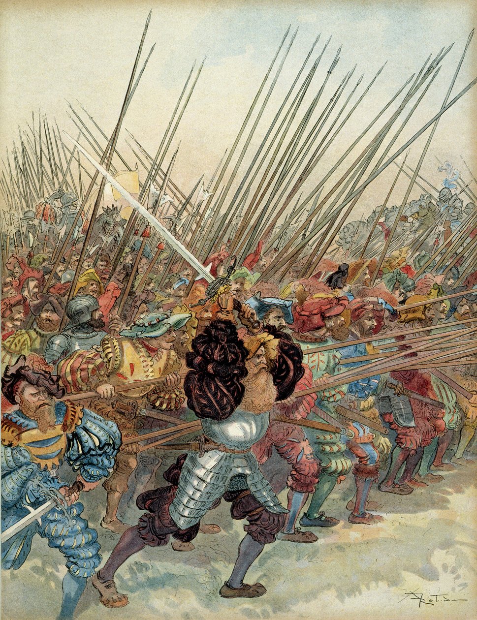 Viides Italian sota (1515-1516): Sveitsin hyökkäys Francois I:n (1494-1547) ja hänen venetsialaisten liittolaistensa aseisiin Marignanissa (Italia) tekijältä Albert Robida